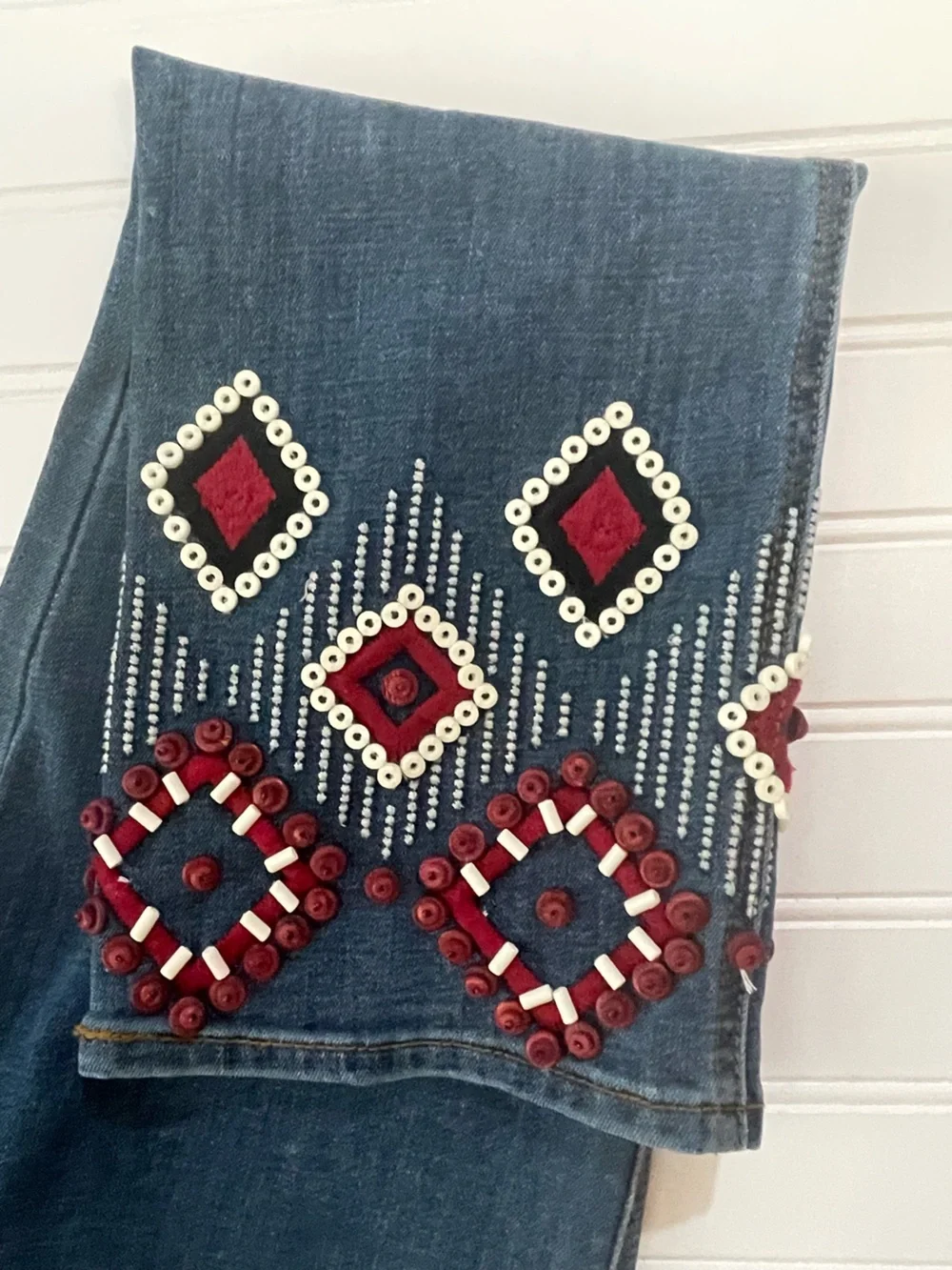 TORY BURCH blue mia red beaded embroidered jeans | SIZE 26